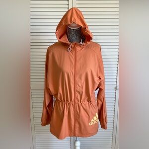 Adidas Primegreen Packable Orange Hooded WindbreakerJacket Women’s M CinchWaist